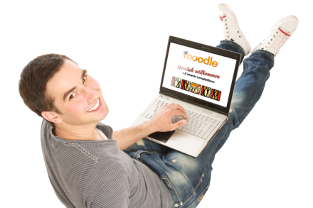 Foto: Jugendlicher mit Laptop auf dem Schoß, Bildnachweis: lenets_tan auf Adobe Stock, https://stock.adobe.com/de/images/a-smiling-man-working-with-a-laptop-on-the-floor-over-white/54999799, Display angepasst - zeigt Spektrum-moodle-Seite