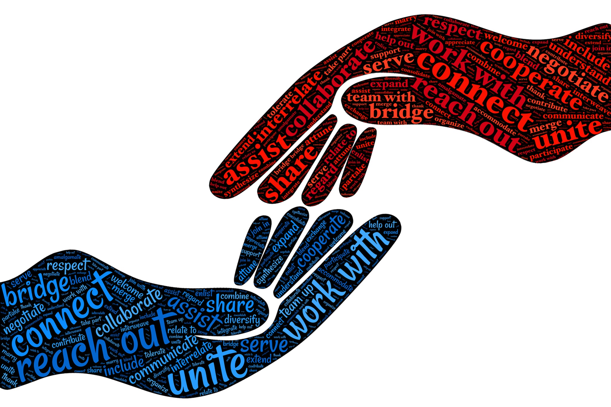 Grafik: Zwei sich zugewandten Händen mit tag-cloud "cooperate" ausgefüllt. Bildnachweis: johnhain auf pixabay, https://pixabay.com/de/illustrations/kooperieren-zusammenarbeiten-2924261/